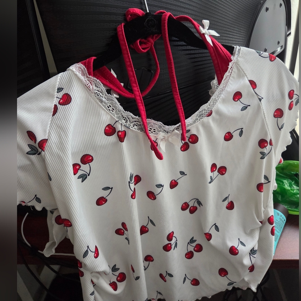 Cropped Cherry Print White Blouse with Red Trim Summer Beach